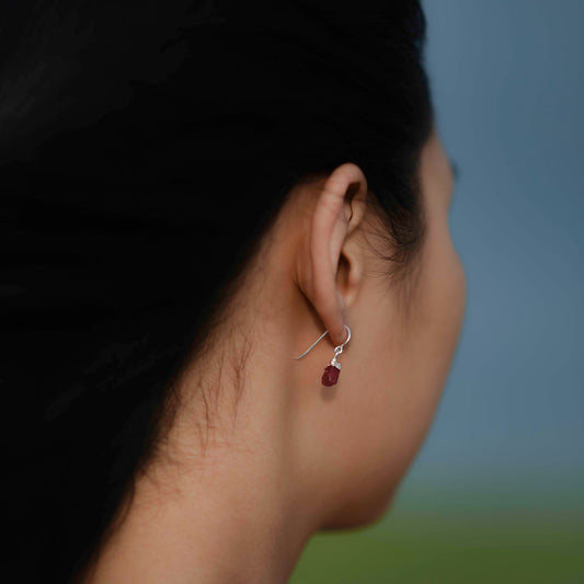 Silver hook earrings with Rough Ruby