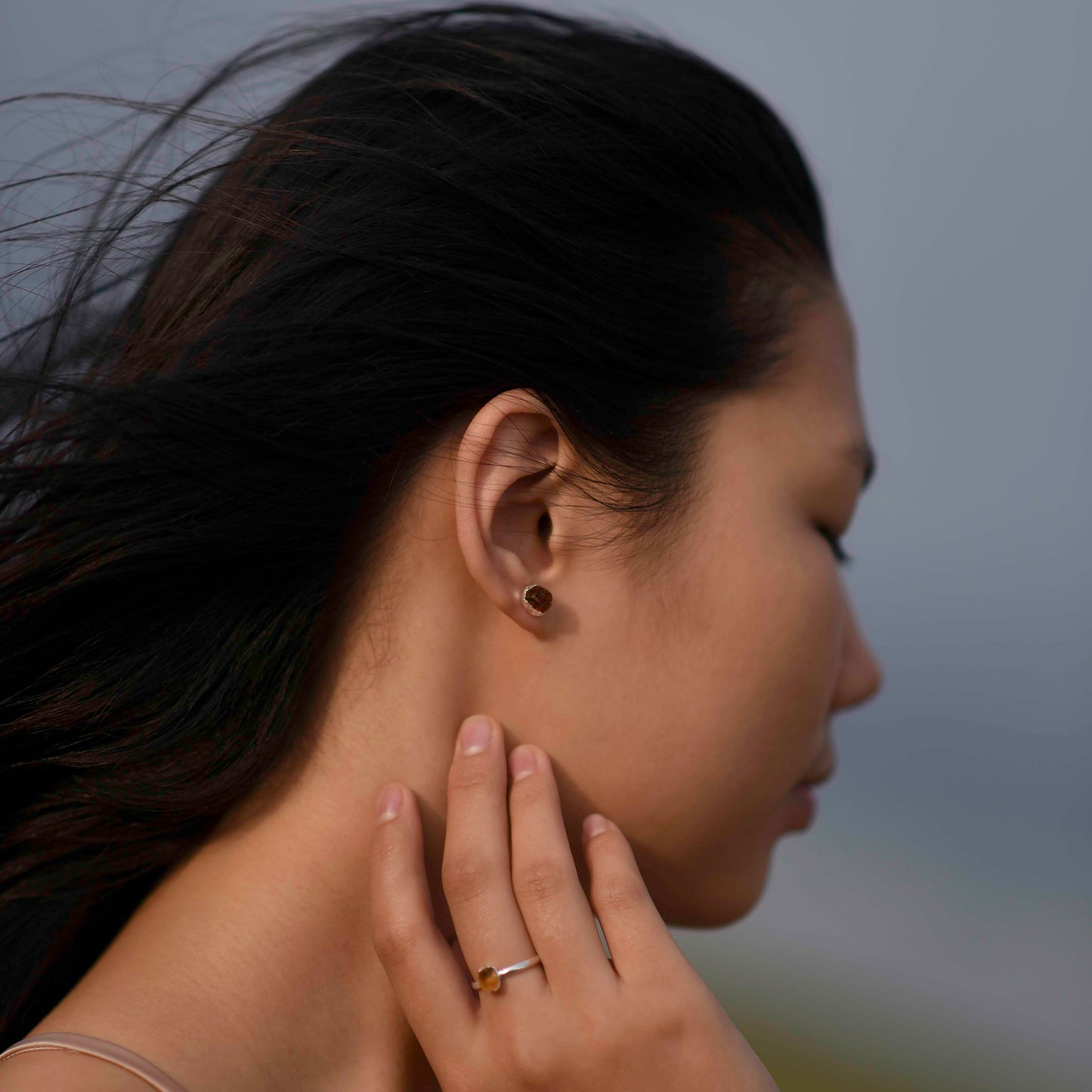 Silver stud earrings with Rough Citrine