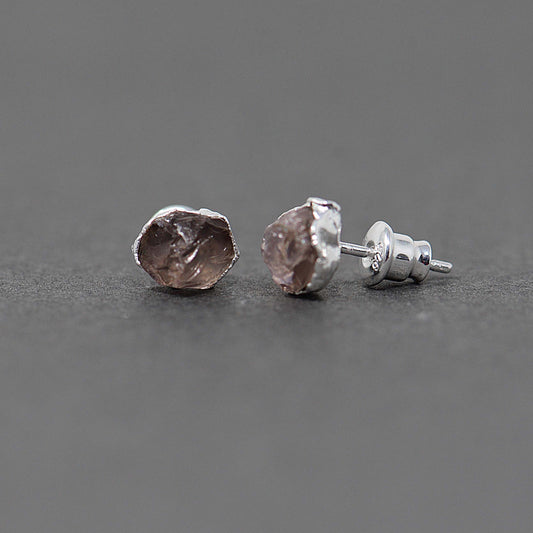 Silver stud earrings with Rough Rose Quartz